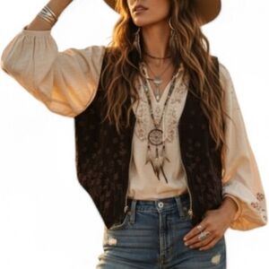 VINTAGE AJ 60s/70s Brown Leather Wildflower Zip Vest | Western Boho Hippie L